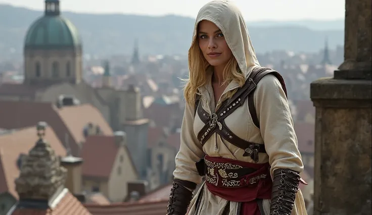 " Margot Robbie wearing the Altair costume from Assassins Creed 1,  crouched on the edge of a medieval roof . The hood is down, revealing her face and hair to the wind . 