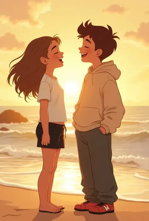  a teenage girl and boy are watching a sunset while laughing and the photo of him caught unexpectedly, The girl wears a basic white t-shirt ,  black shorts and the boy wears a sweatshirt and wide sweatpants . Theyre sitting on the beach .  Draw as if it we...