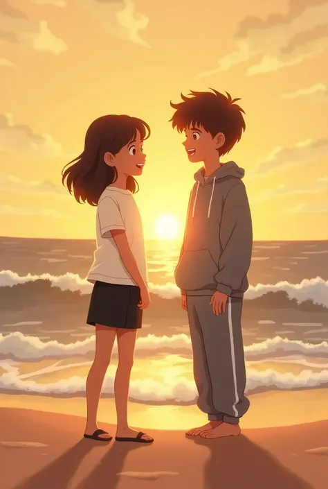  a teenage girl and boy are watching a sunset while laughing and the photo of him caught unexpectedly, The girl wears a basic white t-shirt ,  black shorts and the boy wears a sweatshirt and wide sweatpants . Theyre sitting on the beach .  Draw as if it we...