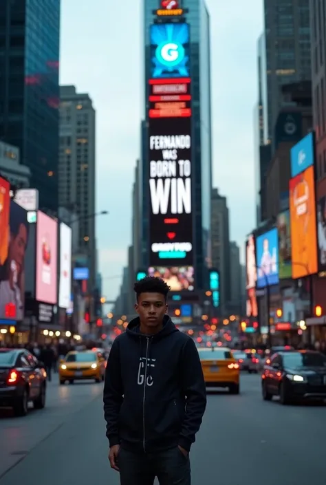 A 26-year-old  , on the streets of Toronto Canada ,  and a big screen on the building with the following phrase in Portuguese: "Fernando was born to win" 