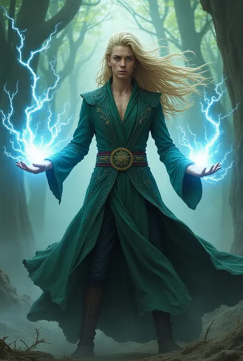 blonde hair, male elven, mage, cmon style, green eyes, casting blue and red lightnings