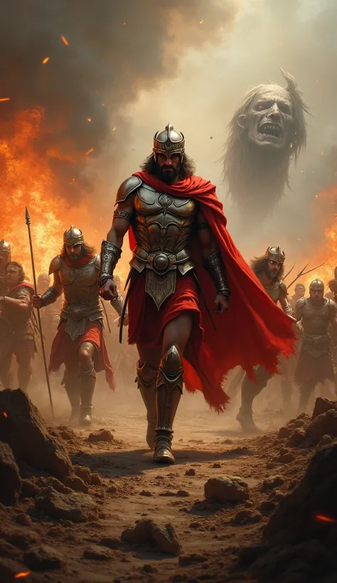 Amidst the chaos of an army fleeing in panic, the war gods Ares, Phobos, and Deimos advance with an aura of terror and destruction. The scene depicts a historical painting capturing the momentary triumph of these fearsome beings. Ares, with his blood-red a...