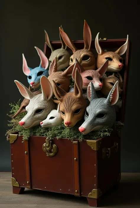 Chest or trunk full of animal masks to impersonate ren, Let the masks be lively and delicate 