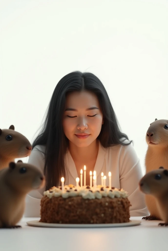 Create a woman with long straight black hair blowing a cake in the shape of a capybara surrounded by capybara in an environment with a white background the cake must be shaped like a capybara and the woman must be older the cake must be shaped like a capyb...