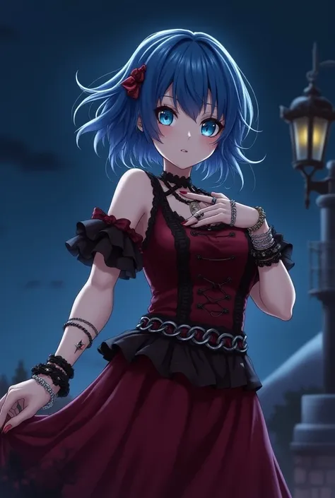 anime,  womens short blue hair , blue eyes, many bracelets , earrings,  red gothic dress with black details plus chains,  gothic makeup , night, a lot of wind. watch on the arm ,  pointing to her watch .