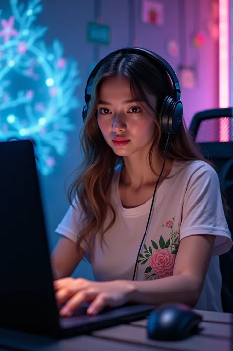 A 21 year old girl is sitting in front of computer desk with a mic ND a laptop with beautiful gaming theme background wearing a beautiful t shirt with flowers