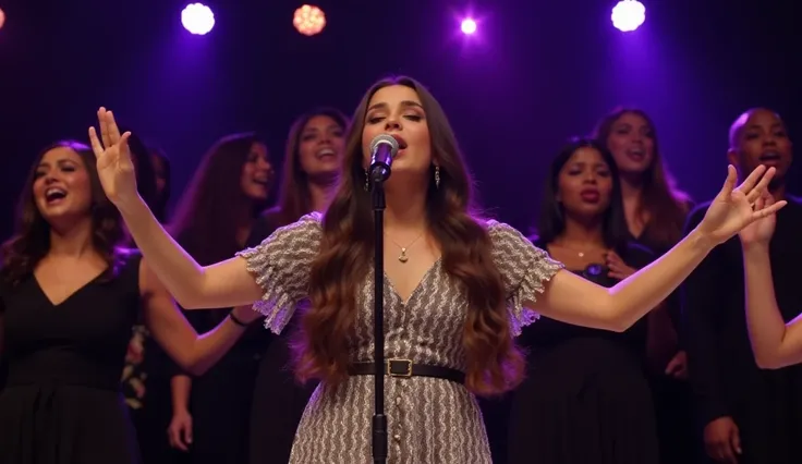 Make a salena gomez performing worship in gospel concert with girls choir in night time 