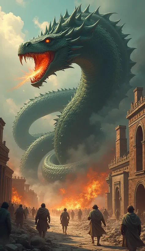 Create a very detailed image ,  of the seven-headed hydra from Greek mythology, attacking a Greek city ,  with a lot of fire and destruction, Place the hydra very close to the image, Do a different coloring 