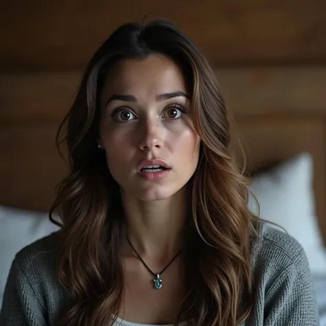 An artistic photo of a chilean woman with a scared expression. She has long, brown hair and is wearing a gray sweater and a necklace. The background is blurred and contains a wooden structure. The photo has a soft lighting.