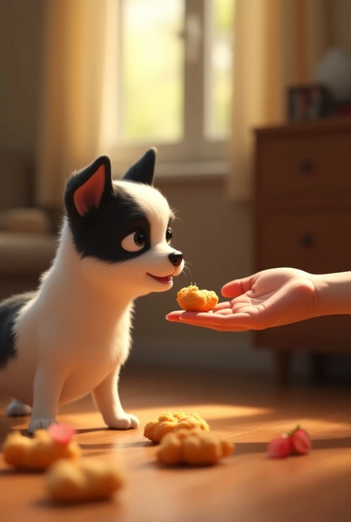 Create an animated image.
A white-and-black-colored but whiter dog with small, smooth hair of a small breed with its owner giving it croquettes.