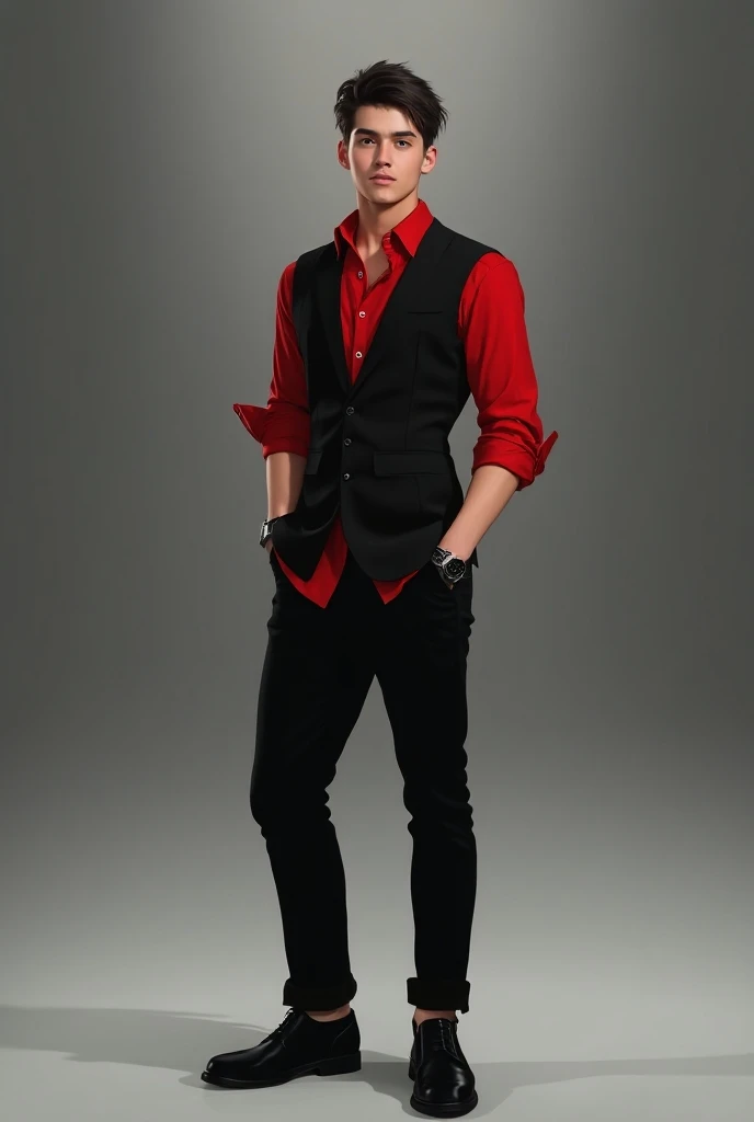 20-year-old man wearing black pants , black vest, black shoes and red shirt
Rolled up 