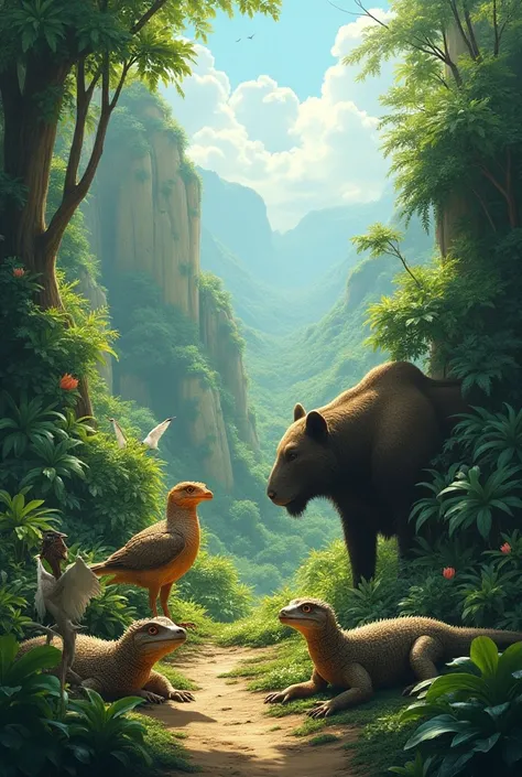 "reptiles, birds,  and large mammals coexist in a verdant landscape,  each in their environment , at peace with nature ."
