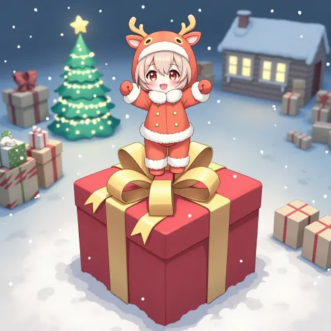 Makomo from Demon Slayers cute Christmas reindeer outfit on top of a gift