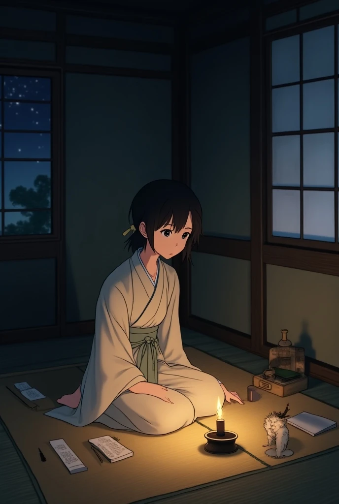  An animated Japanese-style image depicts a young woman in her modest room ,  illuminated only by the soft light of a candle ,  while On a quiet night in feudal Japan .  She is sitting on a mat ,  surrounded by scrolls and small old books ,  with brushes a...