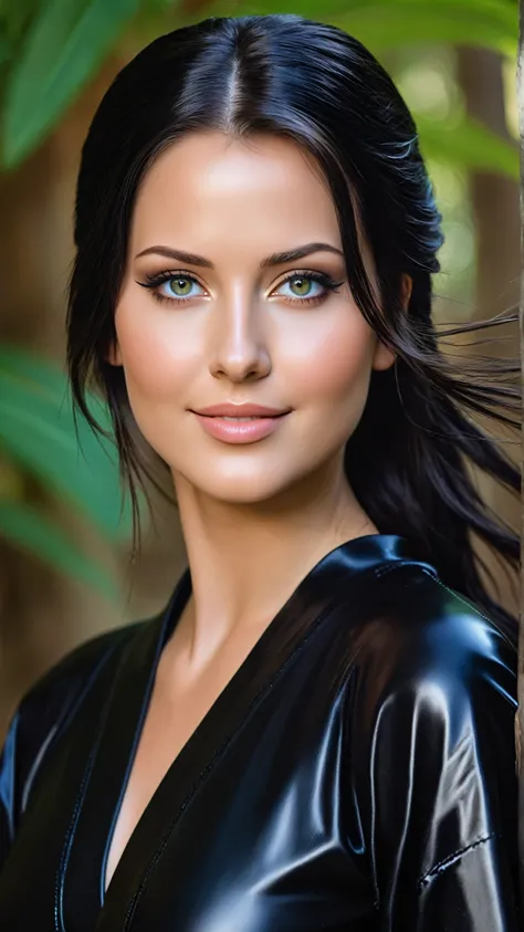 beautiful busty 18 yo german woman, Lara Croft, latex-style black kimono outfit, tanned skin, realistic hazel eyes, decent makeup with eyeliner, movie-style image, shy smile, high quality clothes look, very long BLACK hair, recolored outdoor in hollywood p...