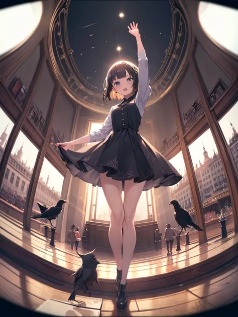 Crow, masterpiece, Best Quality,  several people having fun with each other while having very detailed , Full HD, 16k,  absurd,  dynamic angle that raises one leg terribly, Huge scale, Golden Ratio,  lens flare , Pinhole camera,  Fisheye Lens , In focus 、 ...