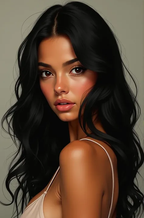 Generate an image of a medium girl with curvaceous black hair ,  brown eyes,  tanned skin,  and with hair up to the waist wavy at the ends.