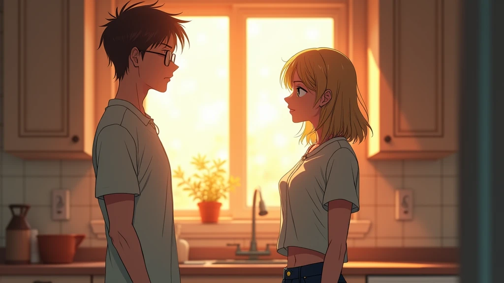 anime style: Incredibly realistic and highly detailed, anime cinematic photo of very beautiful woman in her 30s 
Character A (a woman in her 30s, with shoulder-length blonde hair, wearing a casual blouse and jeans) and Character B (a man in his 30s, with g...