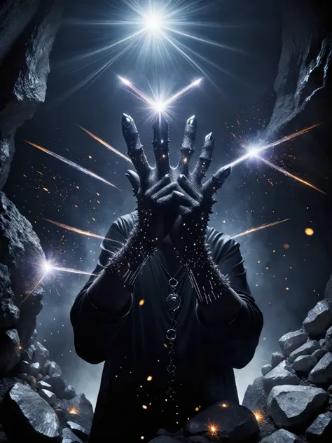 a goth man with a claw glove with a long fingers emmits a beam, a beam cuts a rock, spark, fantasy, beam form the hand, mining a stone with a beam, man outlook is a dark goth fantasy style, two hands, five fingers