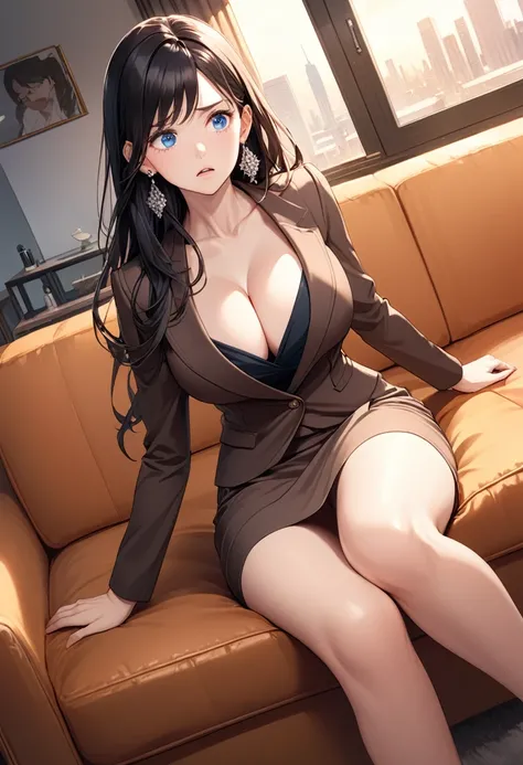 detailed illustration, dynamic angle, ultra-detailed, illustration, mother, brown suit, brown skirt, cleavage, large breasts, skinny, fit, black blouse, earrings, black hair, long hair, blue eyes, living room, evening, sitting on couch, worried expression,...