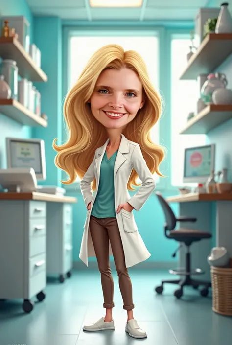  Doctors office background with a white-skinned, blond-haired doctor, She has a lab coat and brown pants , caricature style