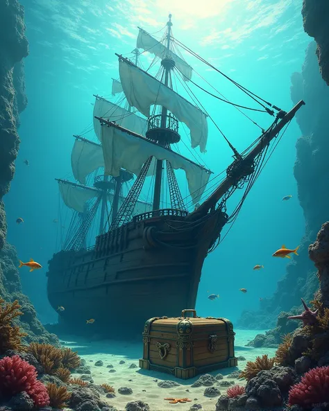 Create an image of an underwater scene featuring a large, old-fashioned sailing ship with multiple masts and sails, fully intact and resting on the sea floor. Surround the ship with various marine life including schools of fish swimming around. In the fore...