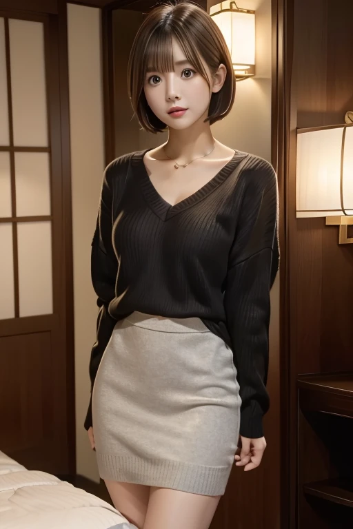 Best Quality,  Ultra High Definition, Aimi-chan , Japanese girl , short hair, v-neck sweater、 long skirt