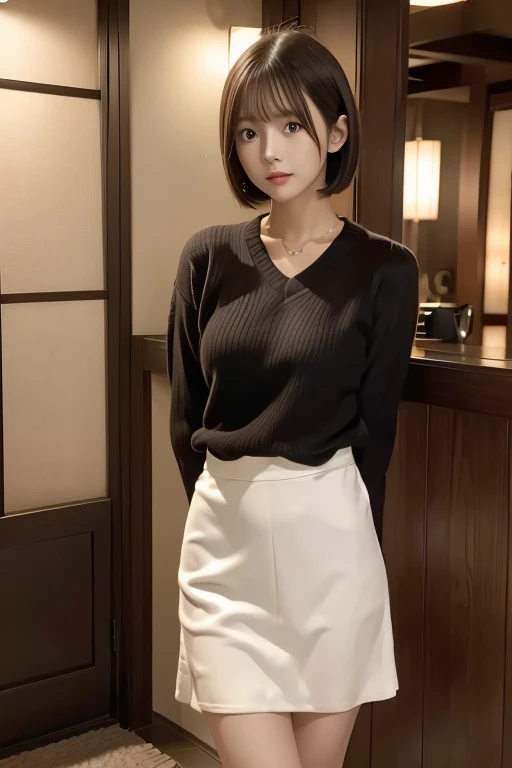 Best Quality,  Ultra High Definition, Aimi-chan , Japanese girl , short hair, v-neck sweater、 long skirt