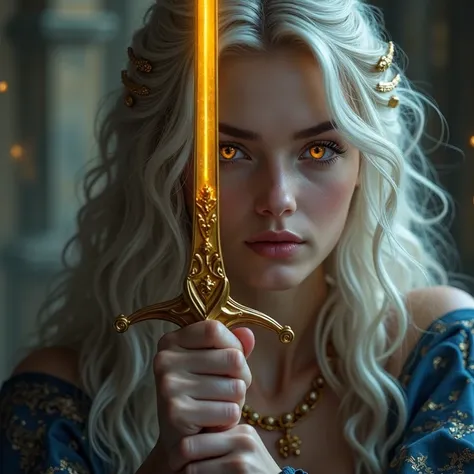  Beautiful 18-year-old woman ,  with long wavy white hair, golden-eyed, wielding a golden sword, with princess clothes 