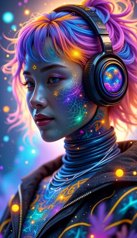 Create a high-quality, ultra-detailed portrait image of a music lover whose marvelous face is well-detailed, creating a mesmerizing effect. The skin of the music lover resembles a texture with engraved musical notes and symbols of cosmic origin from a neig...