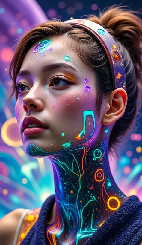 Create a high-quality, ultra-detailed portrait image of a music lover whose marvelous face is well-detailed, creating a mesmerizing effect. The skin of the music lover resembles a texture with engraved musical notes and symbols of cosmic origin from a neig...