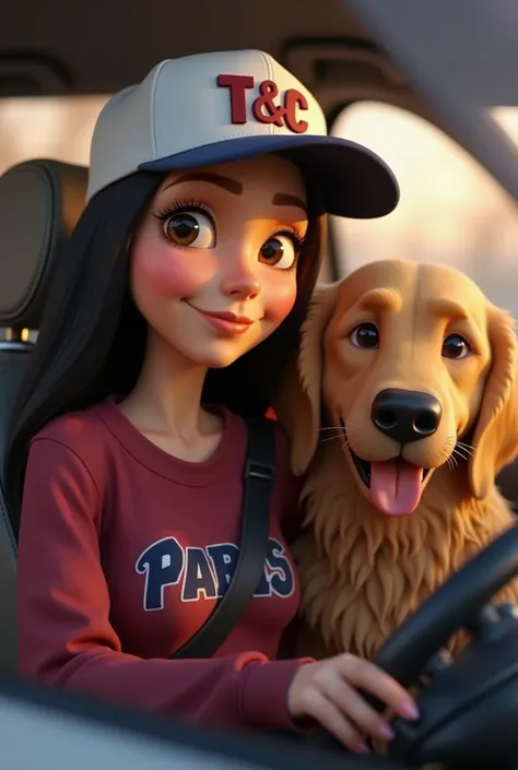 Woman 30 years, long black straight hair, wearing white baseball cap with the letters T and C printed in burgundy thread with burgundy sweatshirt with the word Paris in navy bold print on it. Driving inside SUV black seats with large Golden Retriever in ba...