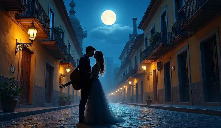  A night landscape in a Spanish city ,  with a cobblestone street and old buildings ,  while a man and a woman are under a moonlight,  he with a guitar on his shoulder ,  she in an evening dress , her eyes shining with love .