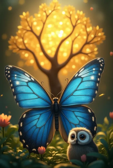 A butterfly with blue wings ,  with silver sparkles , cheerful and full of life ; and a small owl with gray feathers ,  big, expressive eyes that often felt sad and thoughtful .
 that finds the tree of happiness which is shining and full of golden leaves