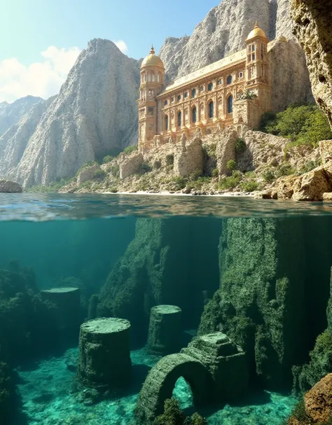 Fantastical landscape, Renaissance-style palace perched atop rocky cliffs, golden domes, beige, light brown walls, arched windows, decorative balconies, tall towers, submerged structures below water level, moss green, dark brown hues, underwater entrance c...