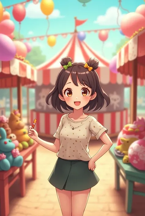 illustration: " Nico happily smiling in front of a fairground decorated with balloons and toys,  with a table full of colorful prizes , like stuffed animals and candies ."