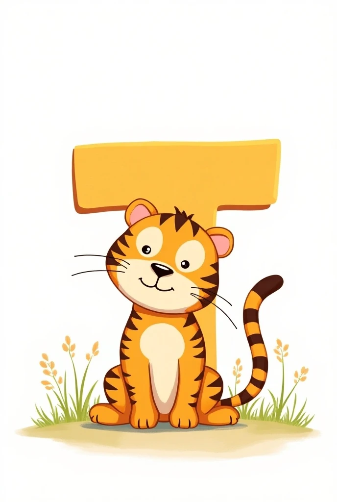 A cute Tiger A big T letter on the corner,cartoon, ,Coloring Book, ColoringBookAF,