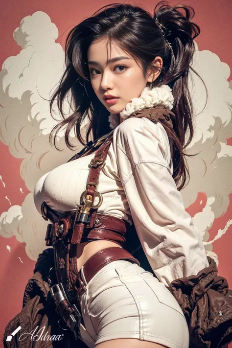 Beautiful Asia woman, white dress, brown leather belts, cloud painting red wall