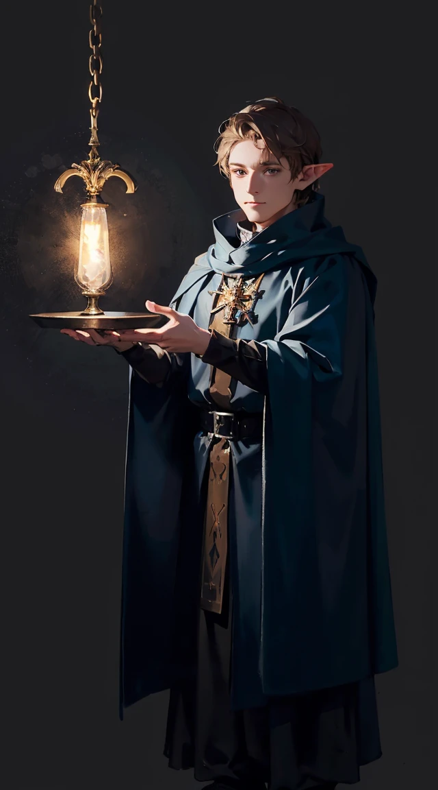 score_9, score_8_up, score_7_up, elf girl, simple background, black background, , dungeon clothing, blue cloak , medieval outfit, solo, standing up straight, hands behind his back, slight smile, light brown hair, closed clothing, pallete color balanced
