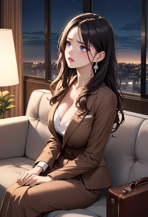 detailed illustration, dynamic angle, ultra-detailed, illustration, brown suit, brown skirt, cleavage, large breasts, skinny, fit, black blouse, earrings, pink lipstick, makeup, night, suitcase, black hair, long hair, blue eyes, living room, evening, sitti...