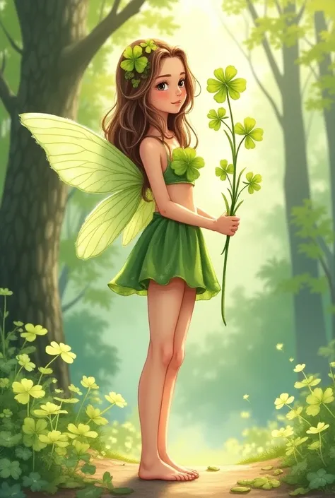 A tall, delicate watercolor illustration of a young clover-themed fairy girl shown in a side view pinup pose. She has soft, wavy brown hair flowing down her back, and a single large clover leaf covers each side of her chest, forming a natural, modest top. ...