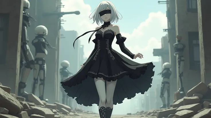 A woman, conveying a sense of movement, approximately 25 years old, white skin, proportional body, cosplaying as the android 2B from the game Nier Automata, 2B wears a black Victorian-style dress, long sleeves and floral embroidery details, the upper part ...