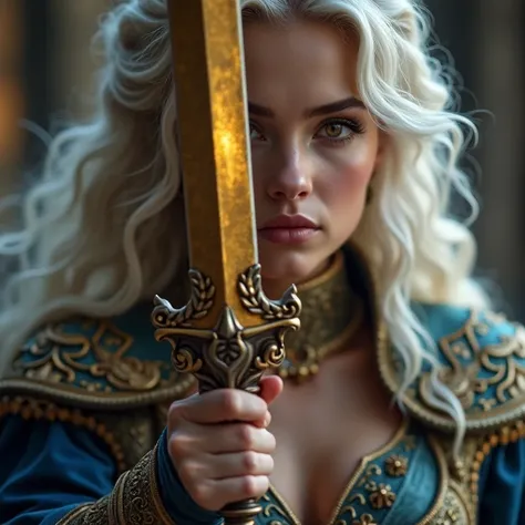  Beautiful 18-year-old woman ,  with long wavy white hair, golden-eyed, wielding a large golden sword, with princess clothes 