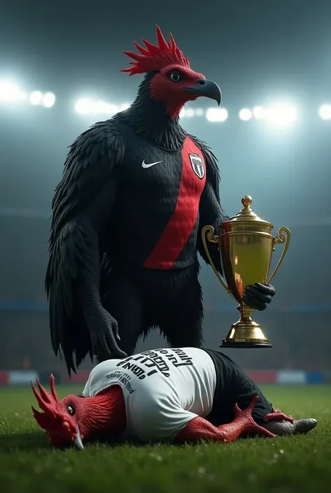 Ultra-realistic image of an imposing humanoid vulture with a triumphant and proud expression, looking upward while wearing the black and red jersey of the Flamengo team. In a victorious pose, he keeps one of his claws on the chest of a fallen humanoid roos...