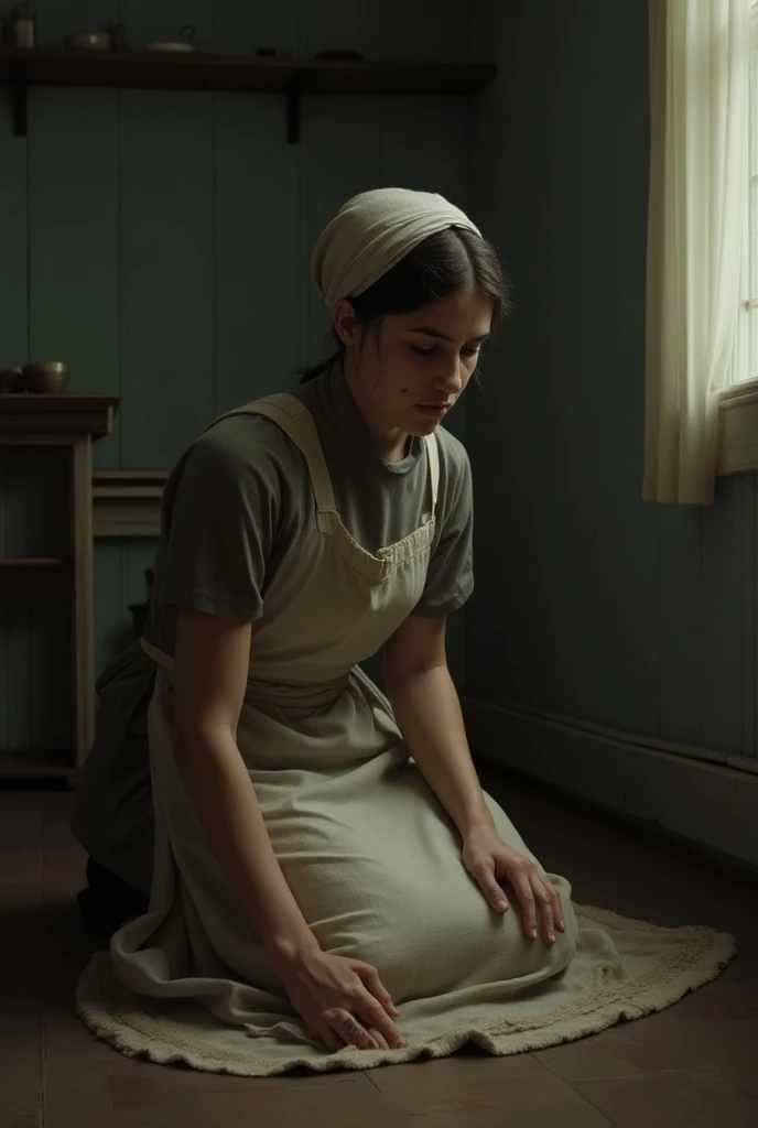 Zoe Kazan, crying, wearing housewife dress and full apron and head covering, cleaning floor on hands and knees.
