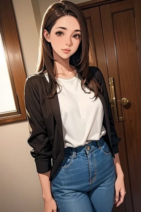 young christian woman ,  long natural brown hair ,  brown eyes , Lean body.  She is wearing casual clothes.  Evangelical church scenario .