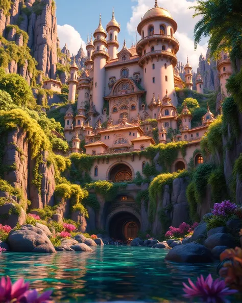 Fantastical landscape, Renaissance-style palace perched atop rocky cliffs, golden domes, beige, light brown walls, arched windows, decorative balconies, tall towers, submerged structures below water level, moss green, dark brown hues, underwater entrance c...