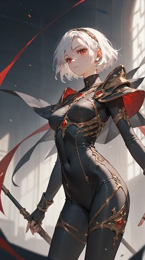 (( Best Quality)), (( Masterpiece)), ( Details), 1 girl, Short white hair, Red eyes, Black Gold Plated Tight Bodysuit, Black Ring