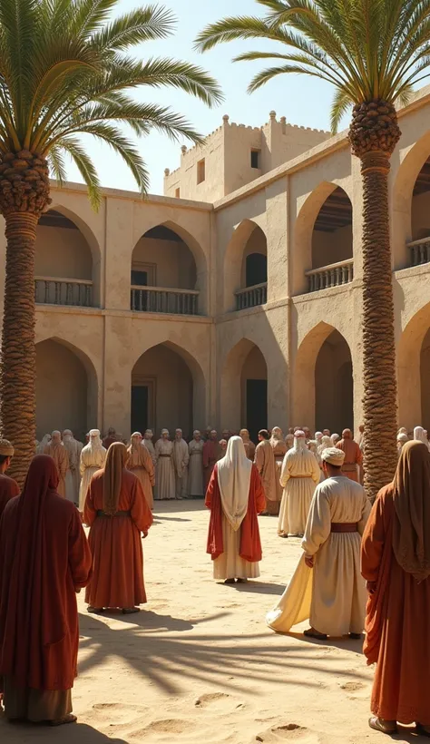 Ancient Islamic Courtyard
Show a historical Islamic courtyard with Bâyezîd-i Bistâmî in the center, surrounded by followers. The clothing should include flowing robes, and the setting should feature simple décor, with palm trees and sand visible.