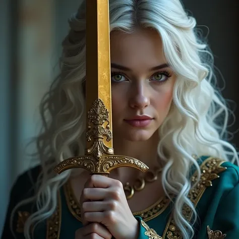 

 Beautiful 18-year-old woman ,  with long wavy white hair, With shining golden eyes, wielding a large golden sword, with princess clothes 
